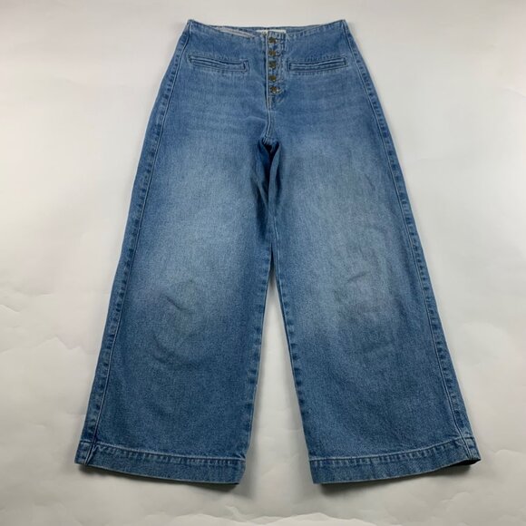 Zara Light Wash Denim High Rise Button Fly Wide Leg Cropped Jeans 4 - Picture 1 of 5